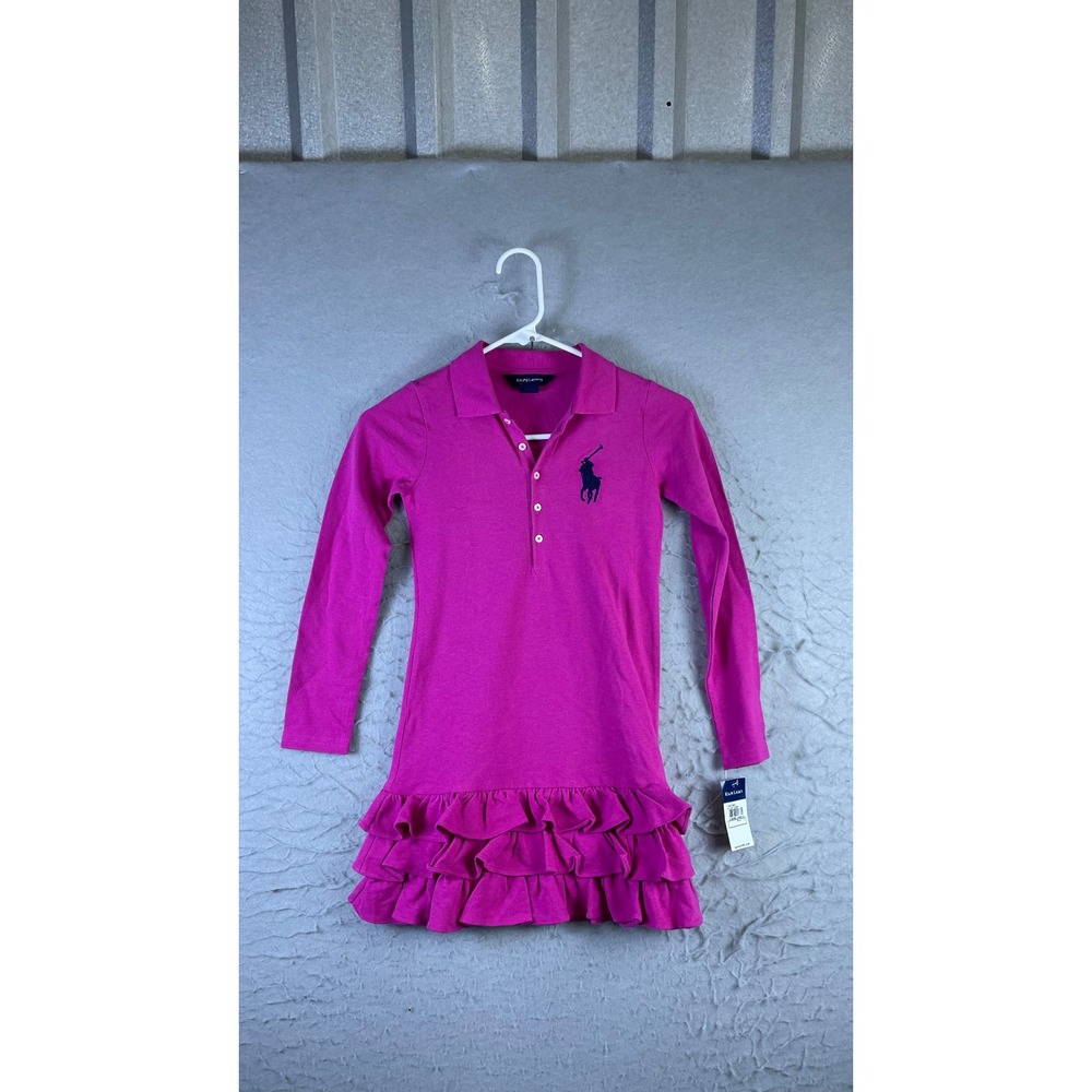 Ralph Lauren Polo Dress Girls Small 7 Pink NEW Long Sleeve Ruffle 3131641768BF